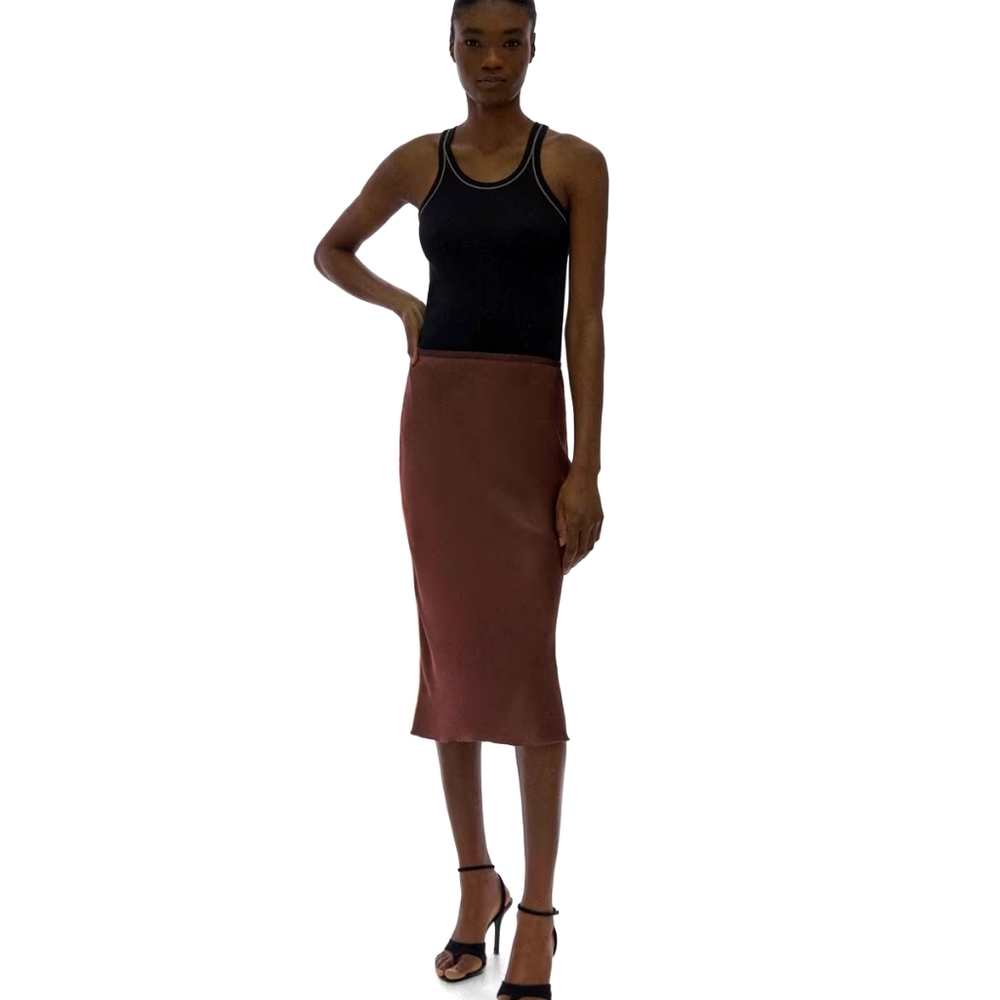 NWT Helmut Lang Satin Midi Slip Skirt Brown